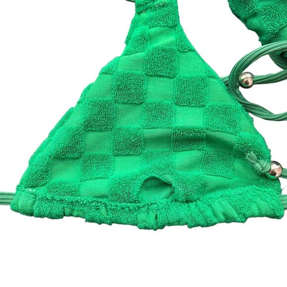 Green Terry Cloth String Bikini Women Medium Checkerboard Textured Cheeky Spring - Picture 5 of 7